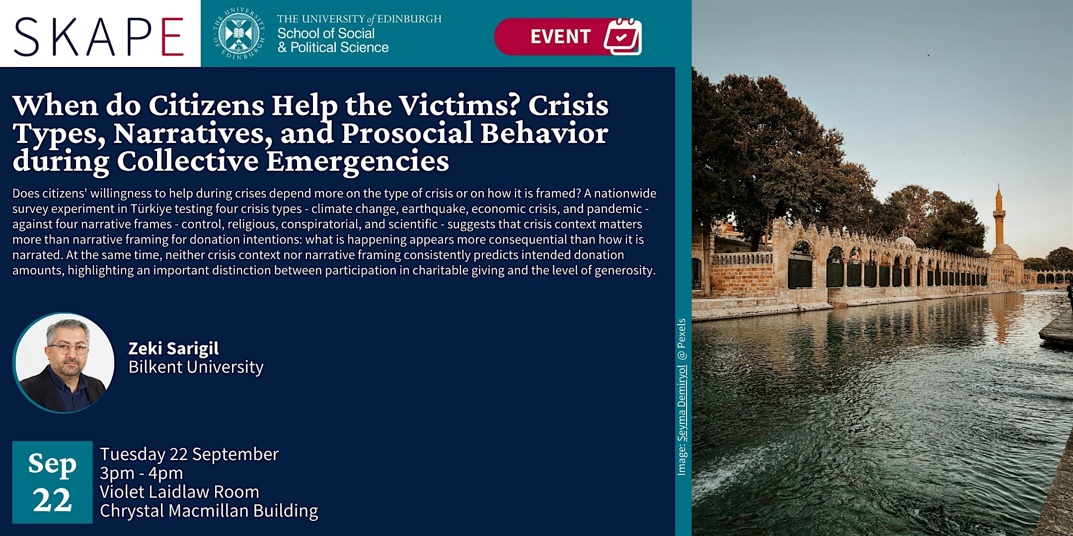 Image of the speaker and details of the event