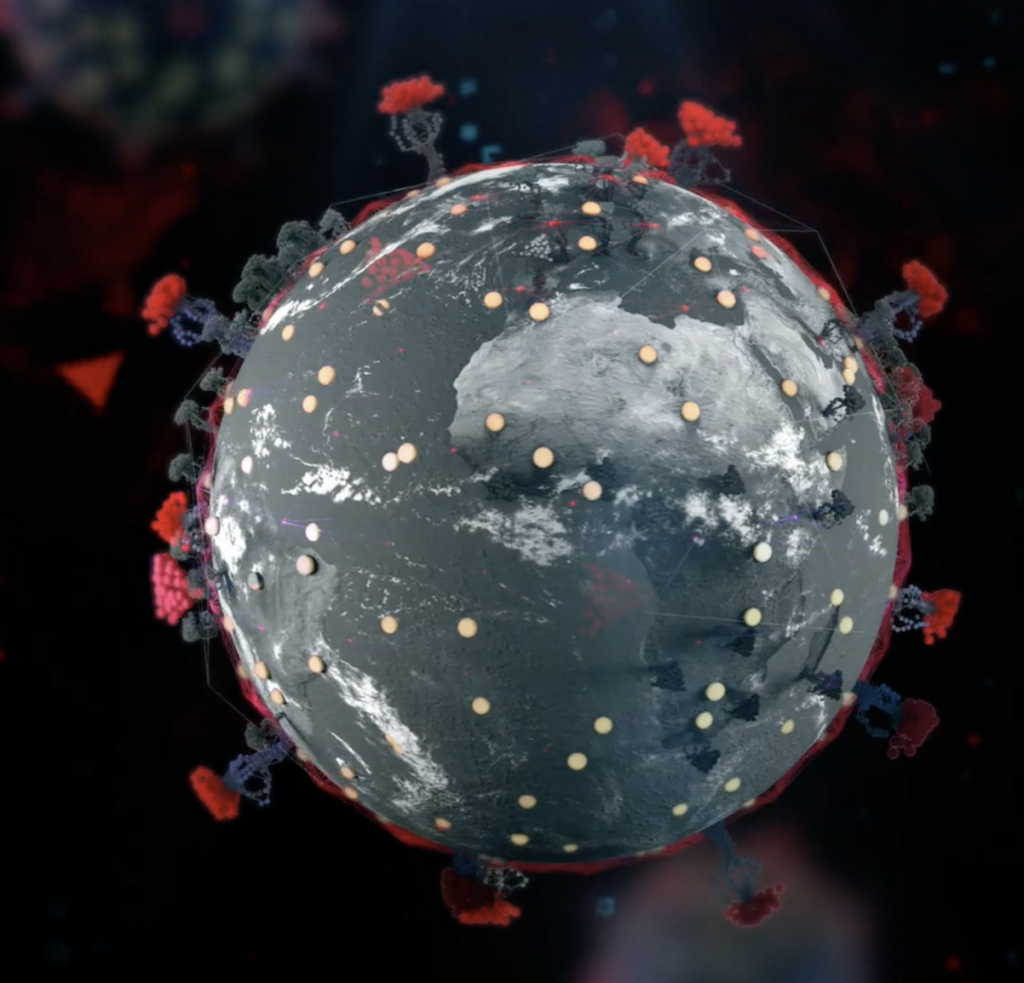A computer simulation of the structure of coronavirus imposed over an image of Earth.